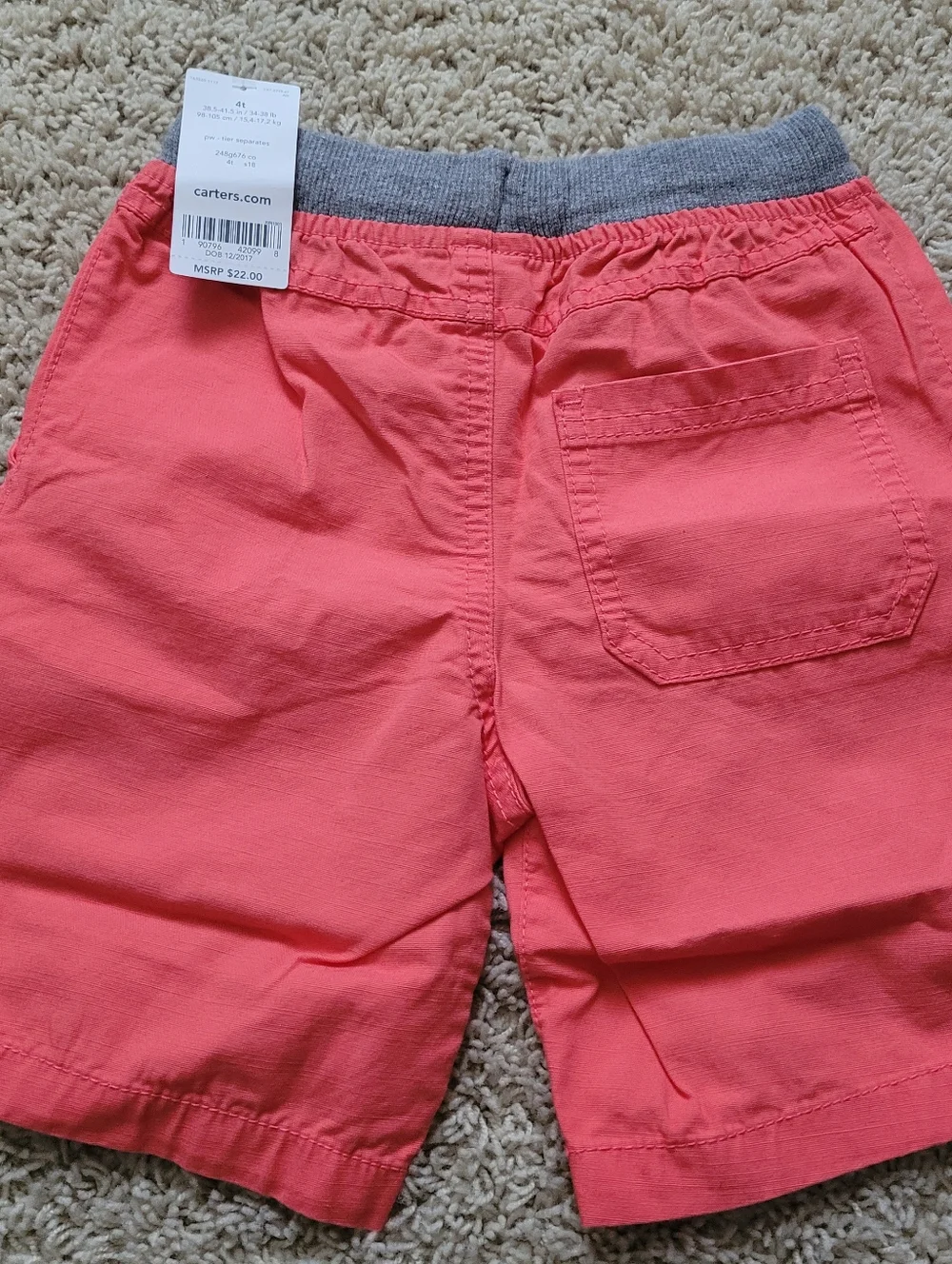 NWT Carter's Boys 4T Coral Pull On Drawstring Shorts Coral